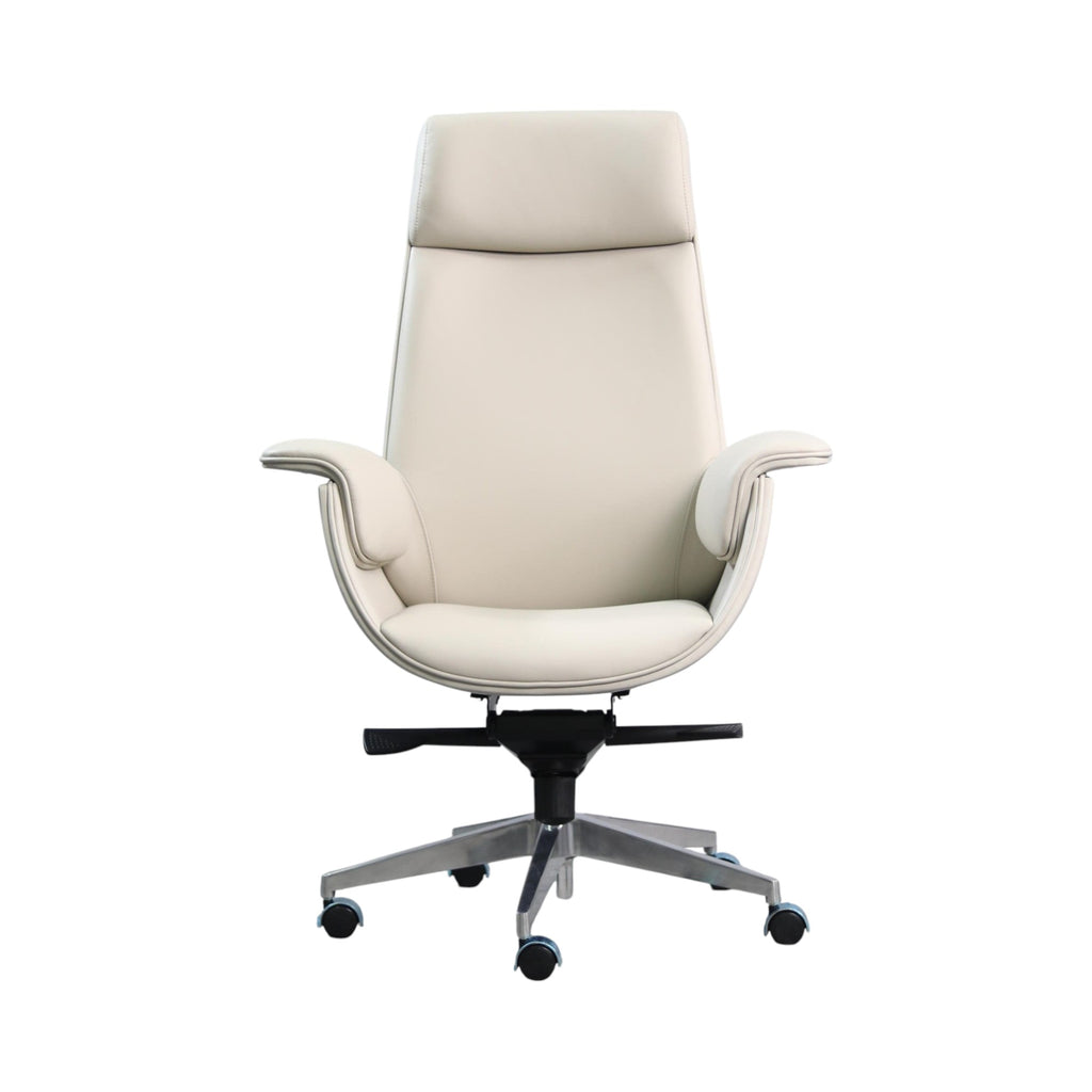 Xiaoyaozuo office chair cream faux leather executive high back office chair with headrest and armrests.