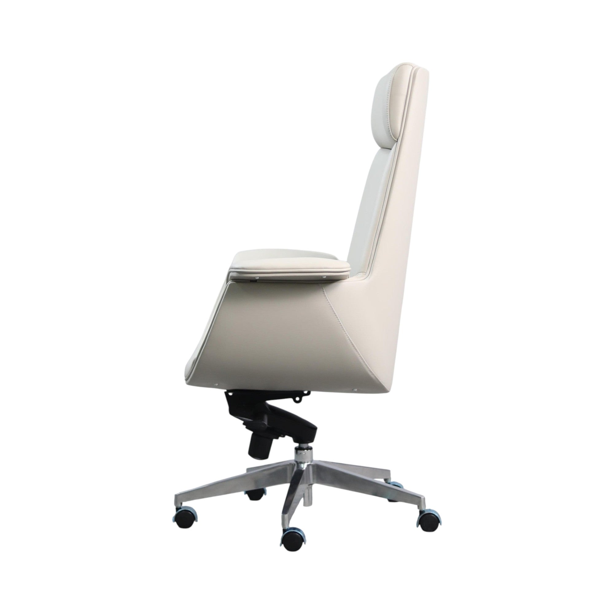 Xiaoyaozuo office chair cream faux leather executive high back office chair with headrest and armrests on metal base with casters.