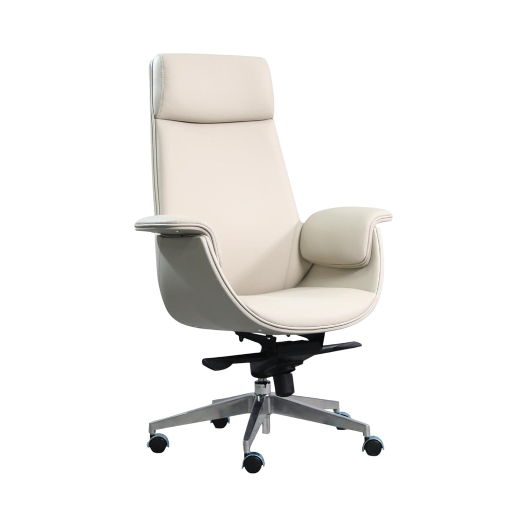 Xiaoyaozuo office chair executive high back chair in cream faux leather with headrest and armrests on a metal base with casters.
