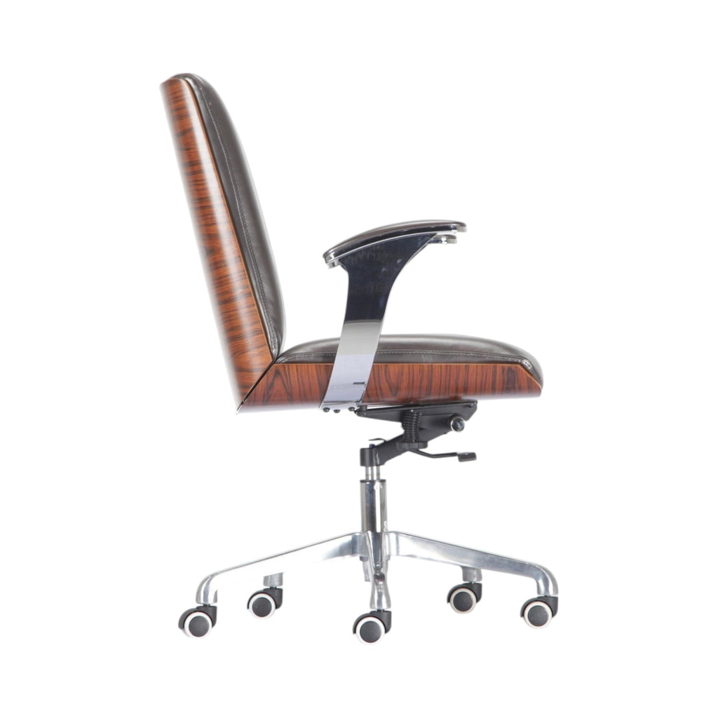 Xiaoyaozuo office chair: Dark brown faux leather executive chair with curved wood veneer backrest and chrome base.