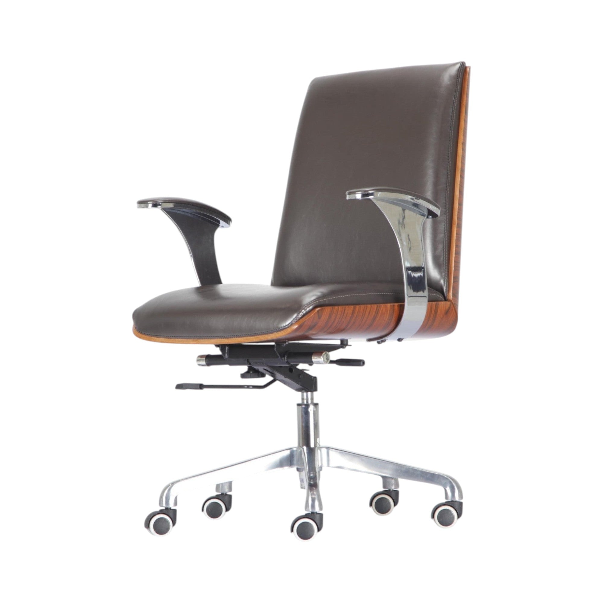 Xiaoyaozuo office chair: Dark brown faux leather executive chair with curved wood veneer backrest, chrome base, and casters.
