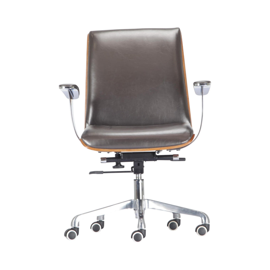 Xiaoyaozuo office chair executive chair in dark brown faux leather with curved wood veneer back and chrome base.