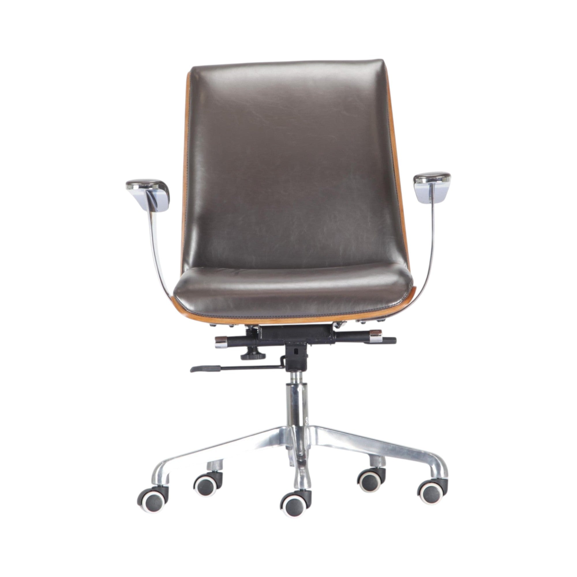 Xiaoyaozuo office chair executive chair in dark brown faux leather with curved wood veneer back and chrome base.