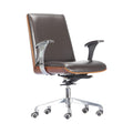 Xiaoyaozuo office chair: Dark brown faux leather executive chair with curved wood veneer back, chrome accents, and rolling casters.