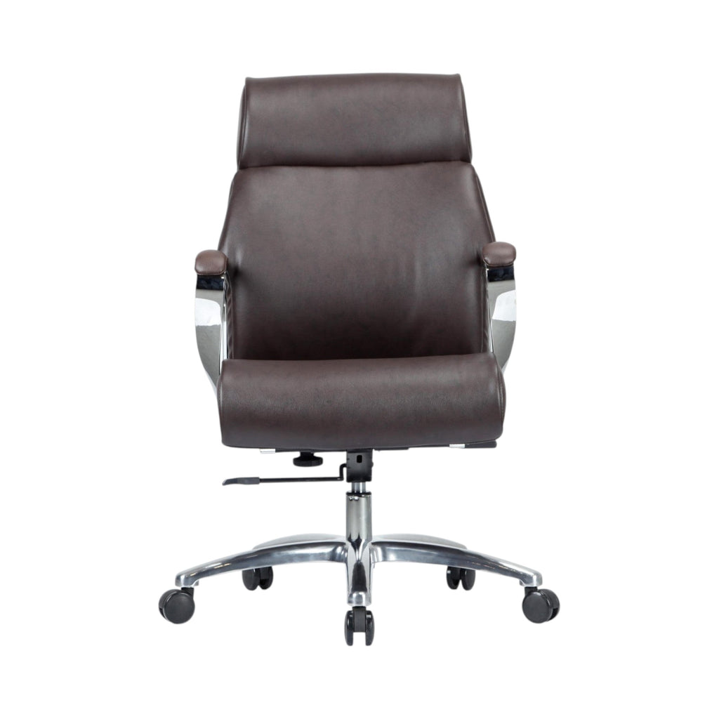 Xiaoyaozuo office chair dark brown faux leather executive high back chair with polished chrome accents and adjustable height.