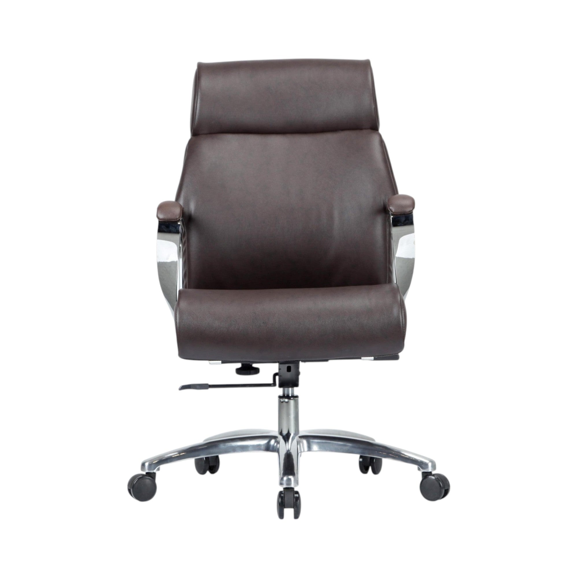 Xiaoyaozuo office chair dark brown faux leather executive high back chair with polished chrome accents and adjustable height.