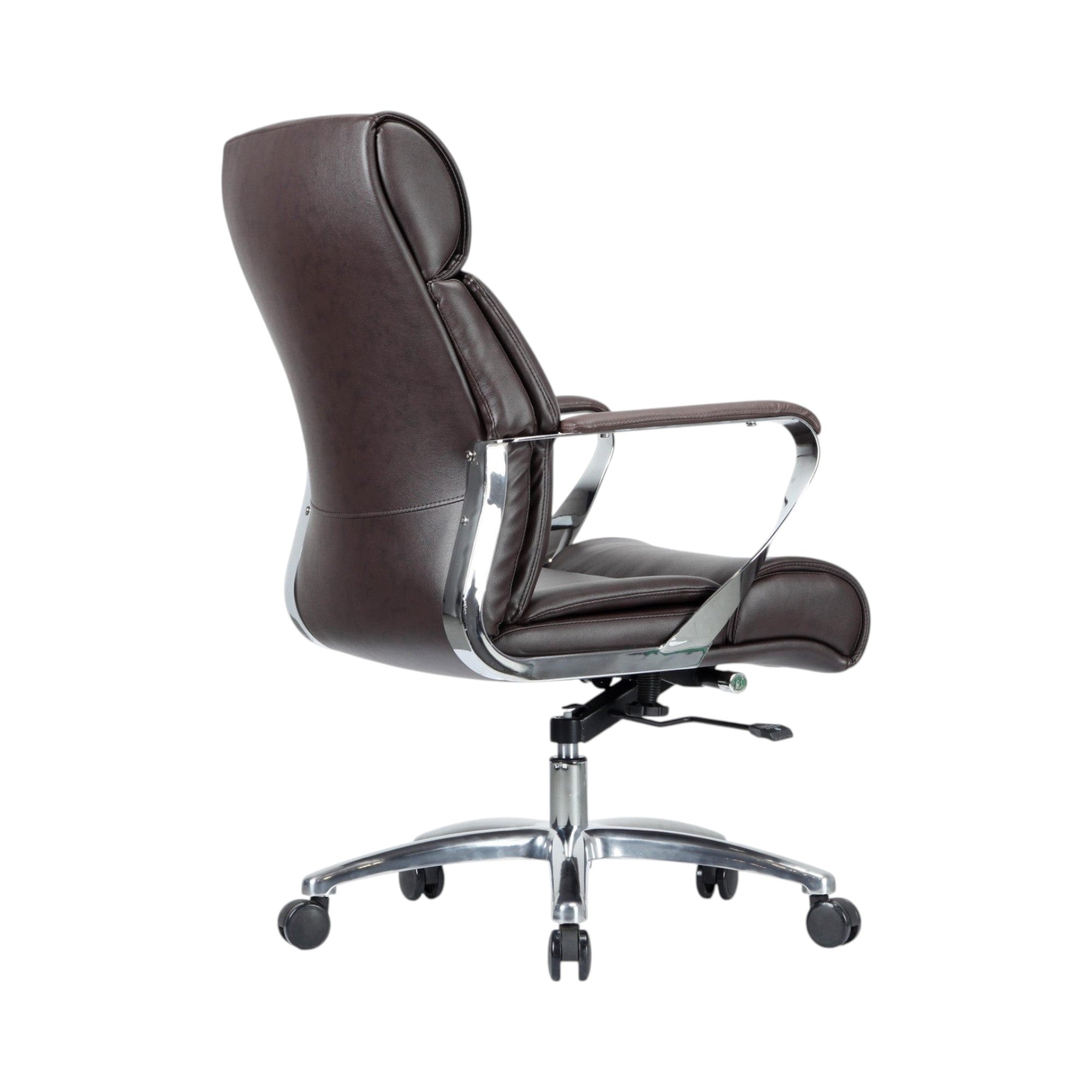 Xiaoyaozuo office chair executive high back chair in dark brown faux leather with polished chrome accents and casters.