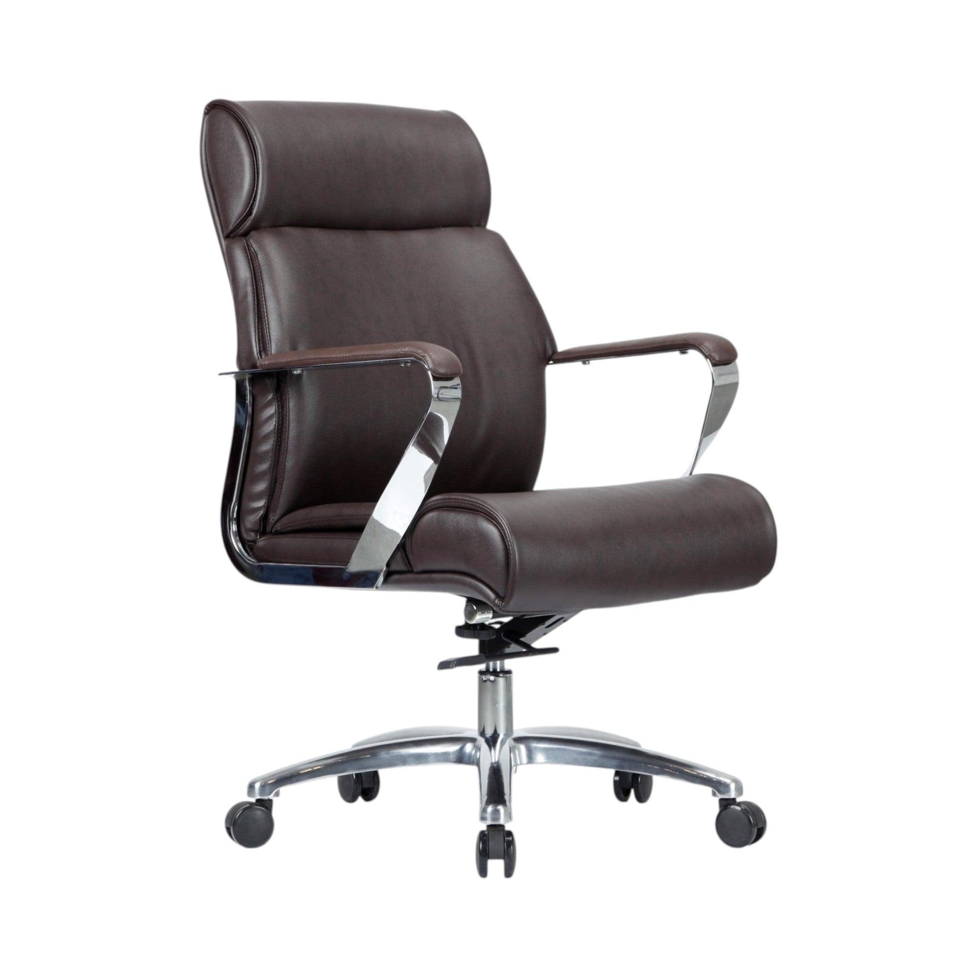 Xiaoyaozuo office chair executive high back chair in dark brown faux leather with polished chrome accents and casters.