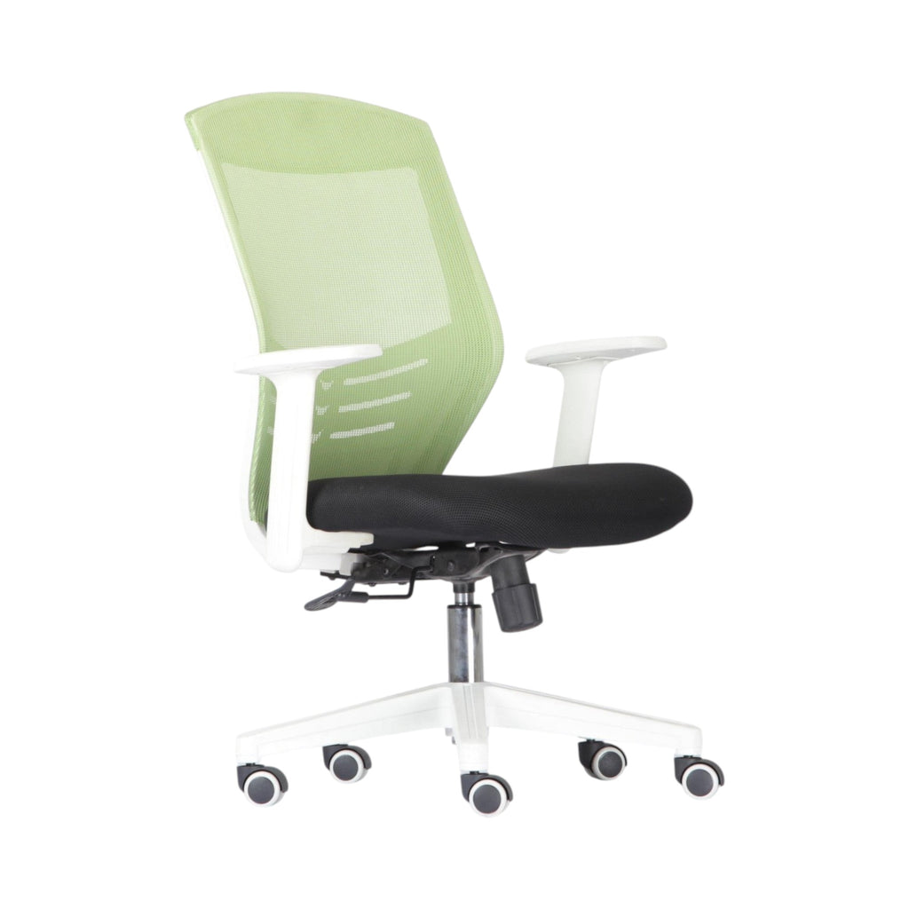 Xiaoyaozuo office chair: Ergonomic green mesh back office chair with white frame and black padded seat, adjustable height, and casters.