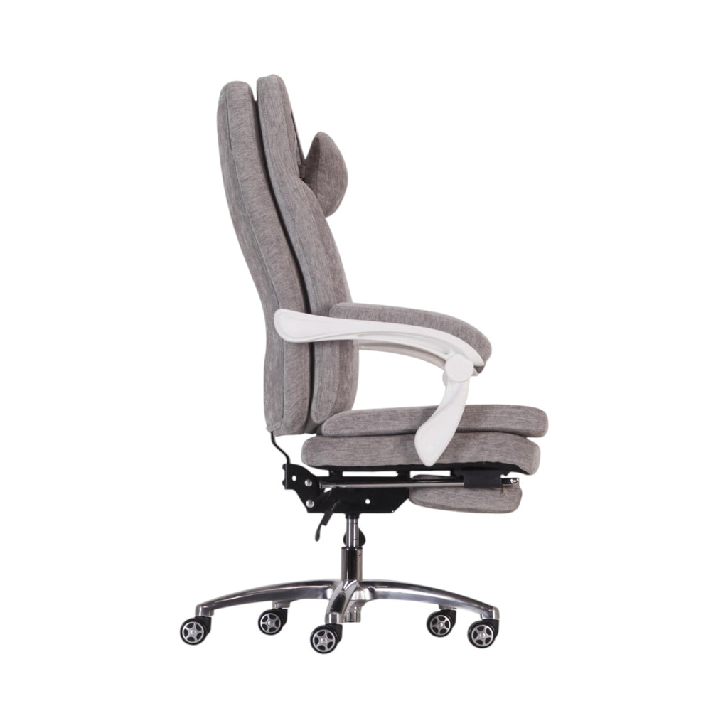 Xiaoyaozuo office chair: Grey fabric ergonomic office chair with retractable footrest, adjustable lumbar support, and white armrests.