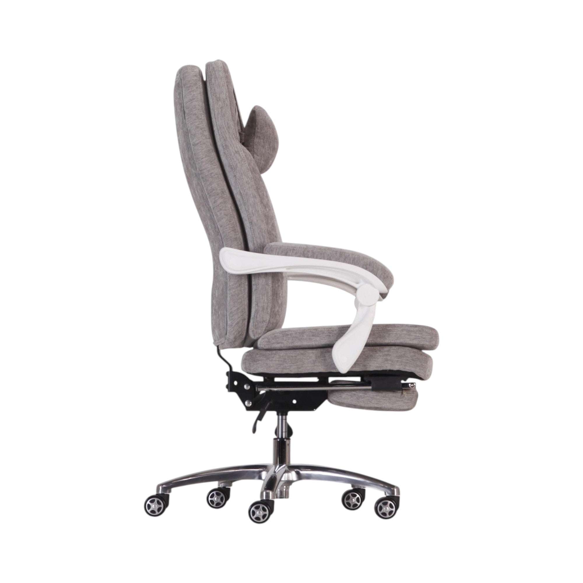 Xiaoyaozuo office chair: Grey fabric ergonomic office chair with retractable footrest, adjustable lumbar support, and white armrests.