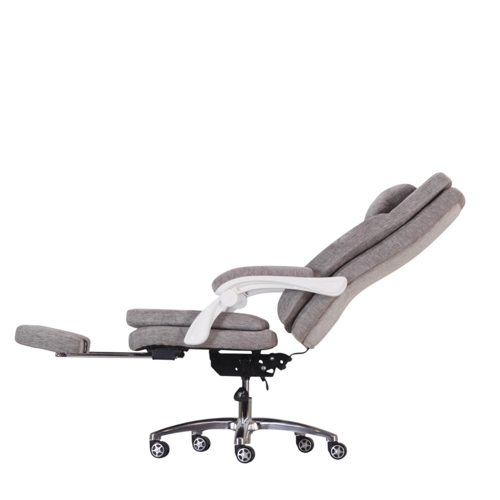 Xiaoyaozuo office chair: Grey fabric ergonomic office chair with retractable footrest, adjustable lumbar support, and white armrests.