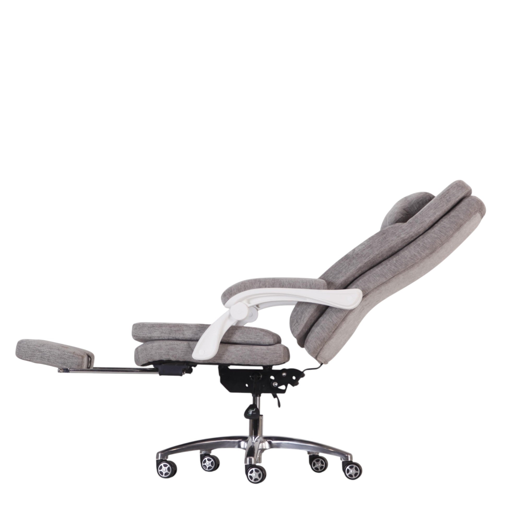 Xiaoyaozuo office chair: Grey fabric ergonomic office chair with retractable footrest, adjustable lumbar support, and white armrests.