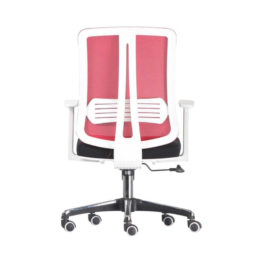 Xiaoyaozuo office chair, ergonomic mesh back office chair with red breathable mesh and white frame, adjustable armrests, and casters.
