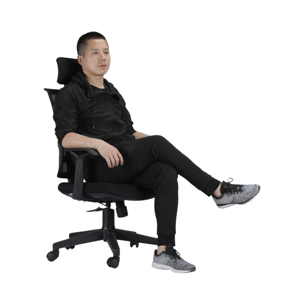 Xiaoyaozuo office chair: Black ergonomic mesh office chair with adjustable headrest and padded seat, shown with a man sitting.