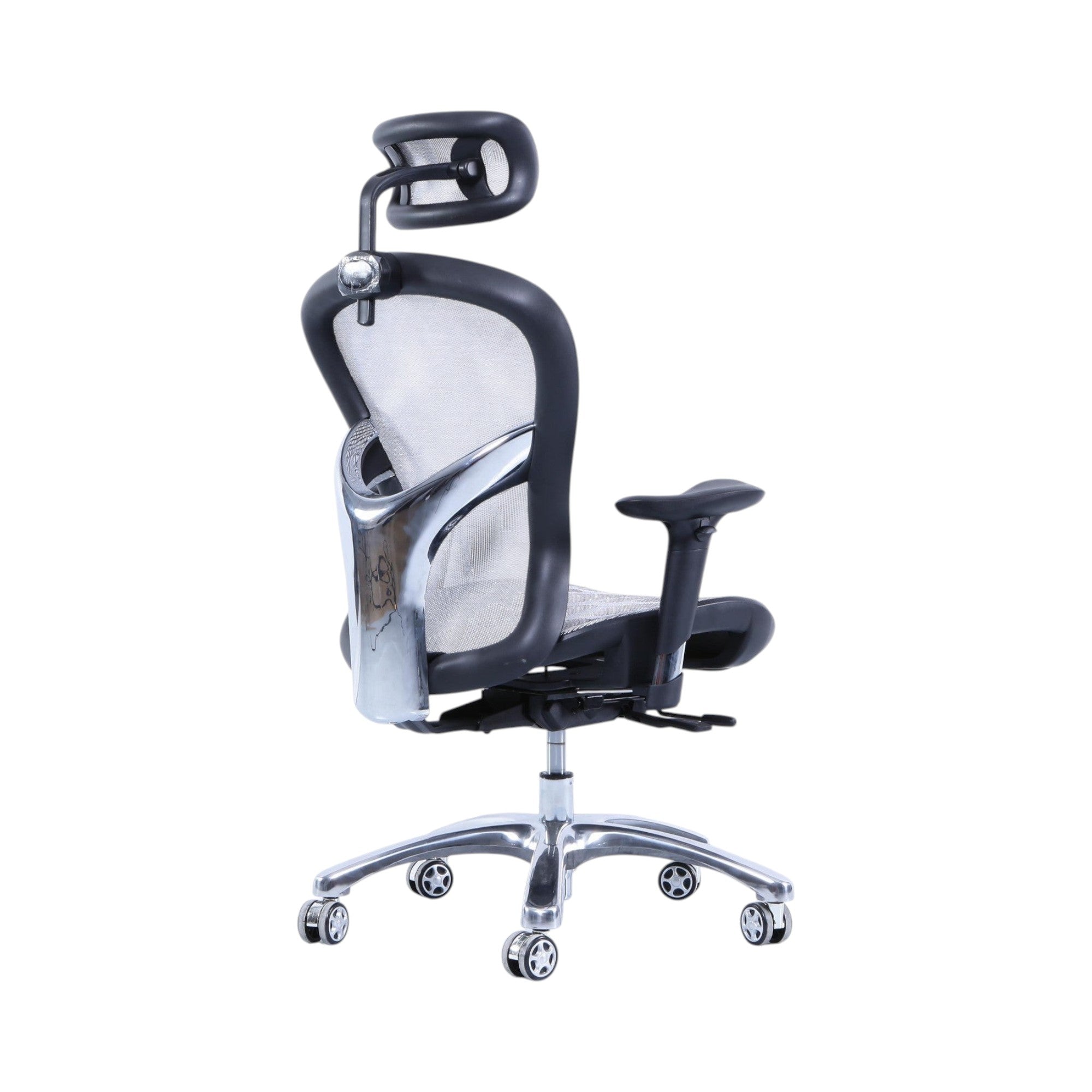 Xiaoyaozuo office chair: Ergonomic black mesh office chair with adjustable headrest and lumbar support, on chrome base with casters.
