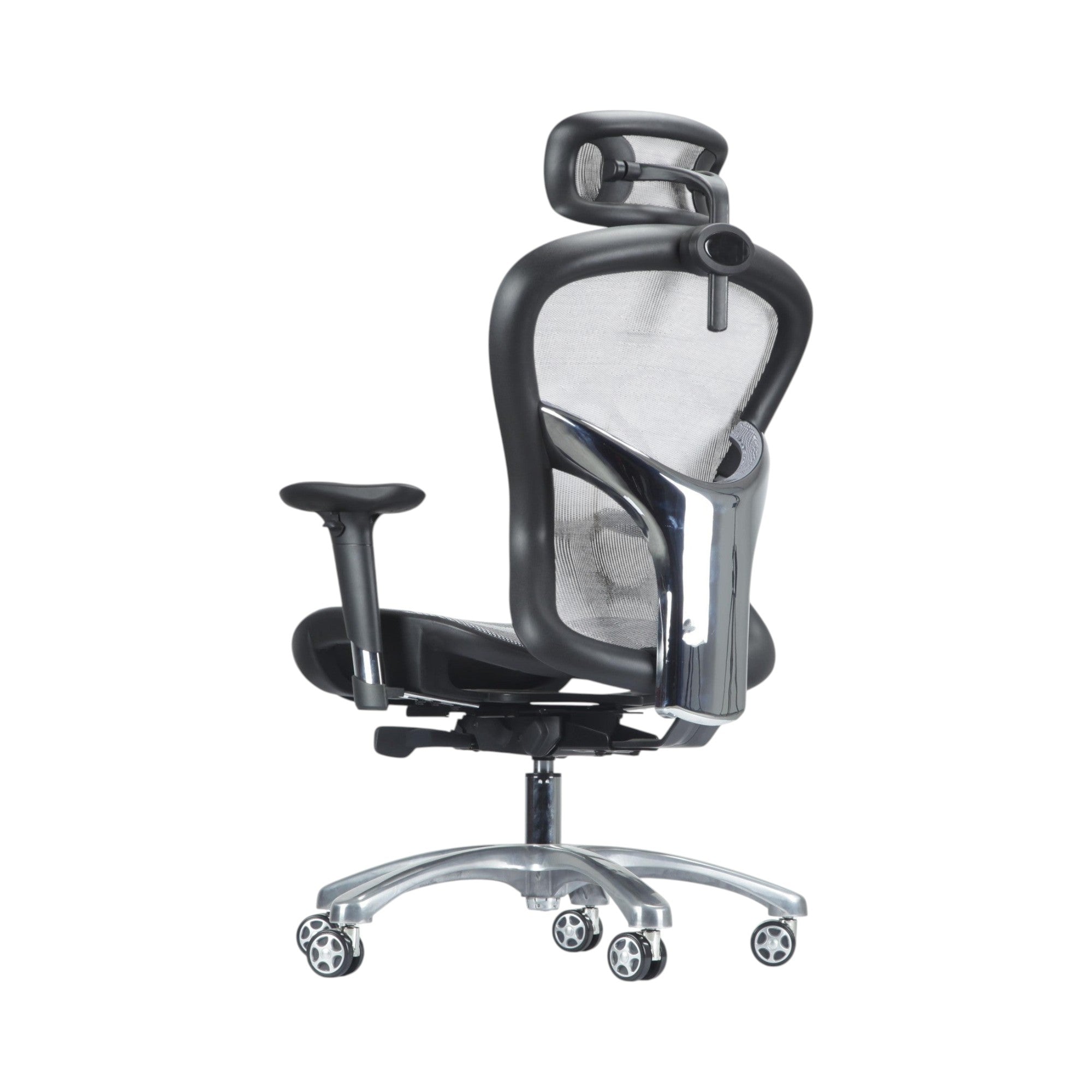 Xiaoyaozuo office chair: Ergonomic black mesh office chair with adjustable headrest and lumbar support, chrome accents, and smooth-rolling casters.
