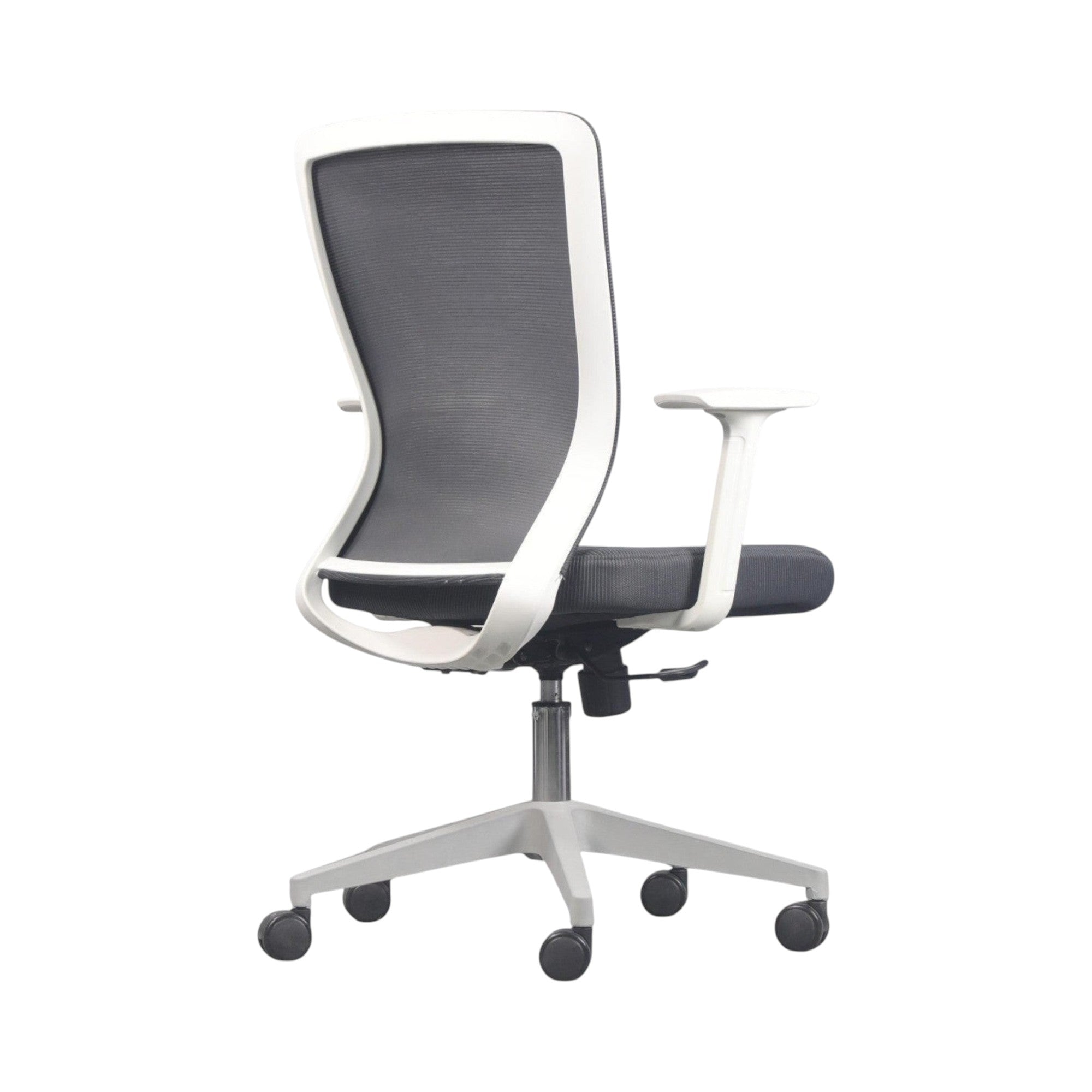 Xiaoyaozuo office chair: Black mesh ergonomic office chair with white frame, padded seat, and adjustable height. Features smooth-rolling casters for mobility.