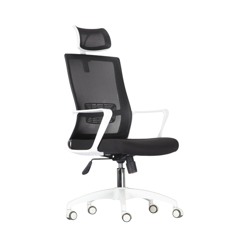 Xiaoyaozuo office chair: black ergonomic mesh office chair with adjustable headrest, white frame, and padded seat on casters.