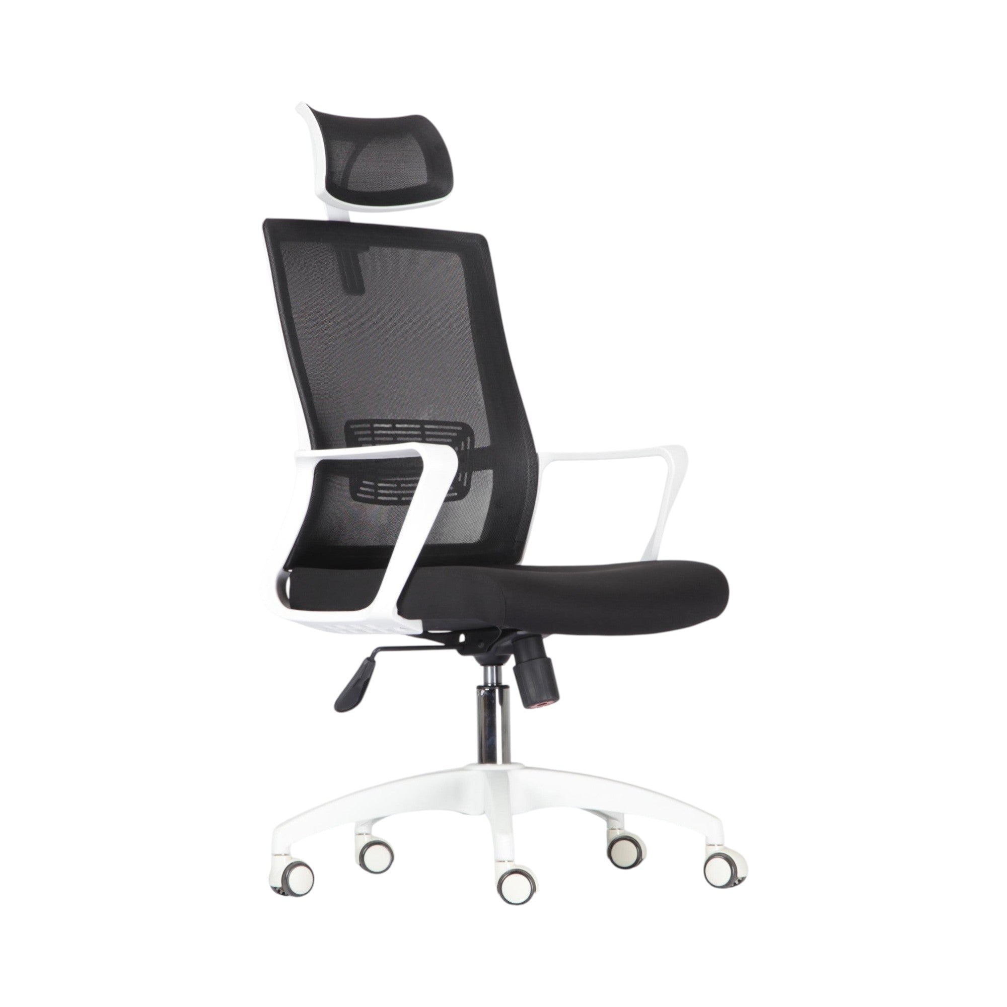 Xiaoyaozuo office chair: black ergonomic mesh office chair with adjustable headrest, white frame, and padded seat on casters.