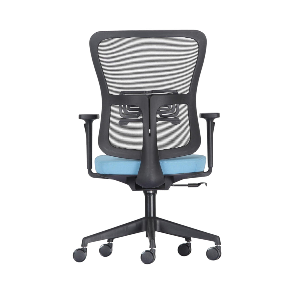 Xiaoyaozuo office chair: Ergonomic black mesh back with blue padded seat, adjustable armrests, and rolling casters.