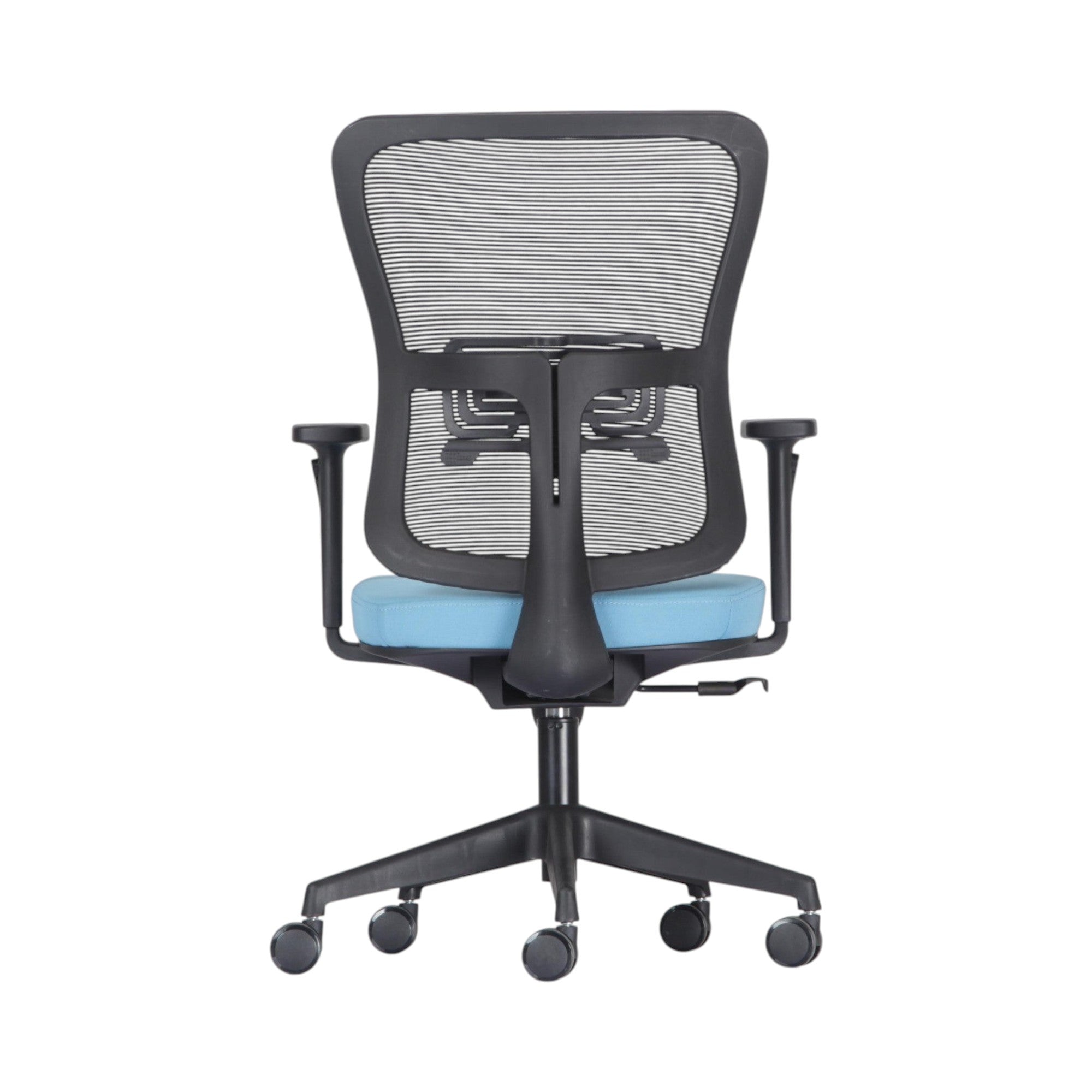 Xiaoyaozuo office chair: Ergonomic black mesh back with blue padded seat, adjustable armrests, and rolling casters.