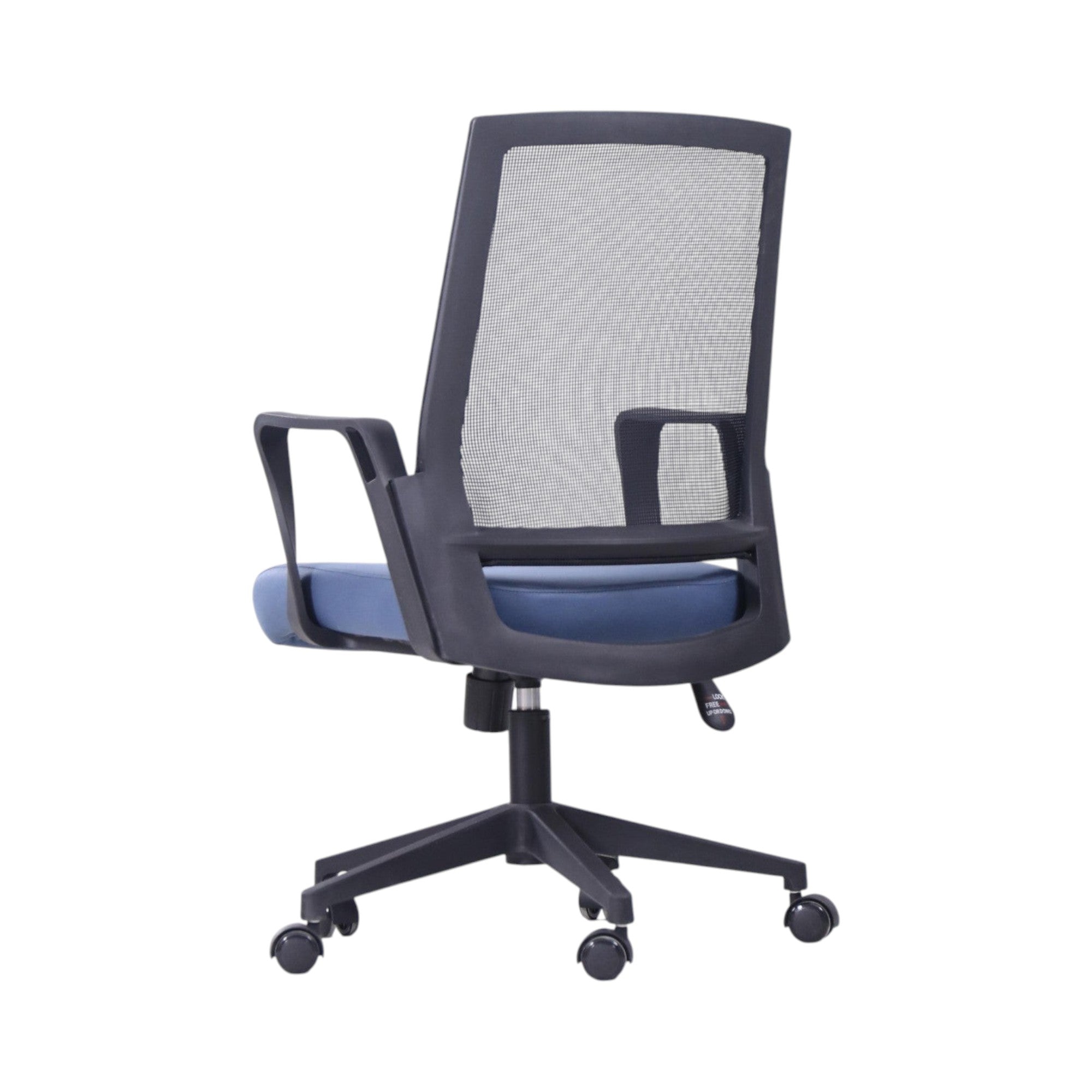 Xiaoyaozuo office chair: Ergonomic black mesh back office chair with a blue padded seat and black casters. Adjustable height for personalized comfort.