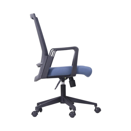 Xiaoyaozuo office chair: Ergonomic black mesh back office chair with blue padded seat and adjustable height.