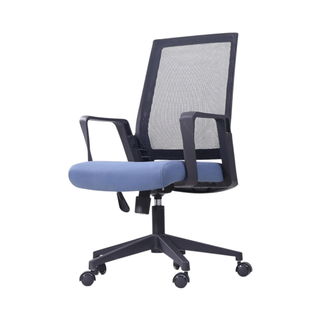 Xiaoyaozuo office chair: Black mesh back ergonomic office chair with blue padded seat and adjustable height.