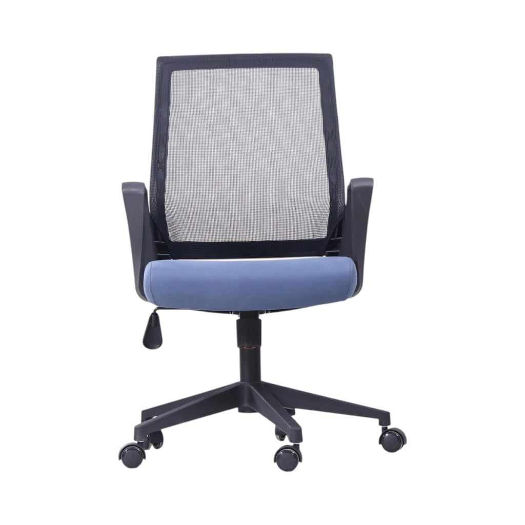 Xiaoyaozuo office chair: Black mesh back ergonomic office chair with blue padded seat and adjustable height on casters.