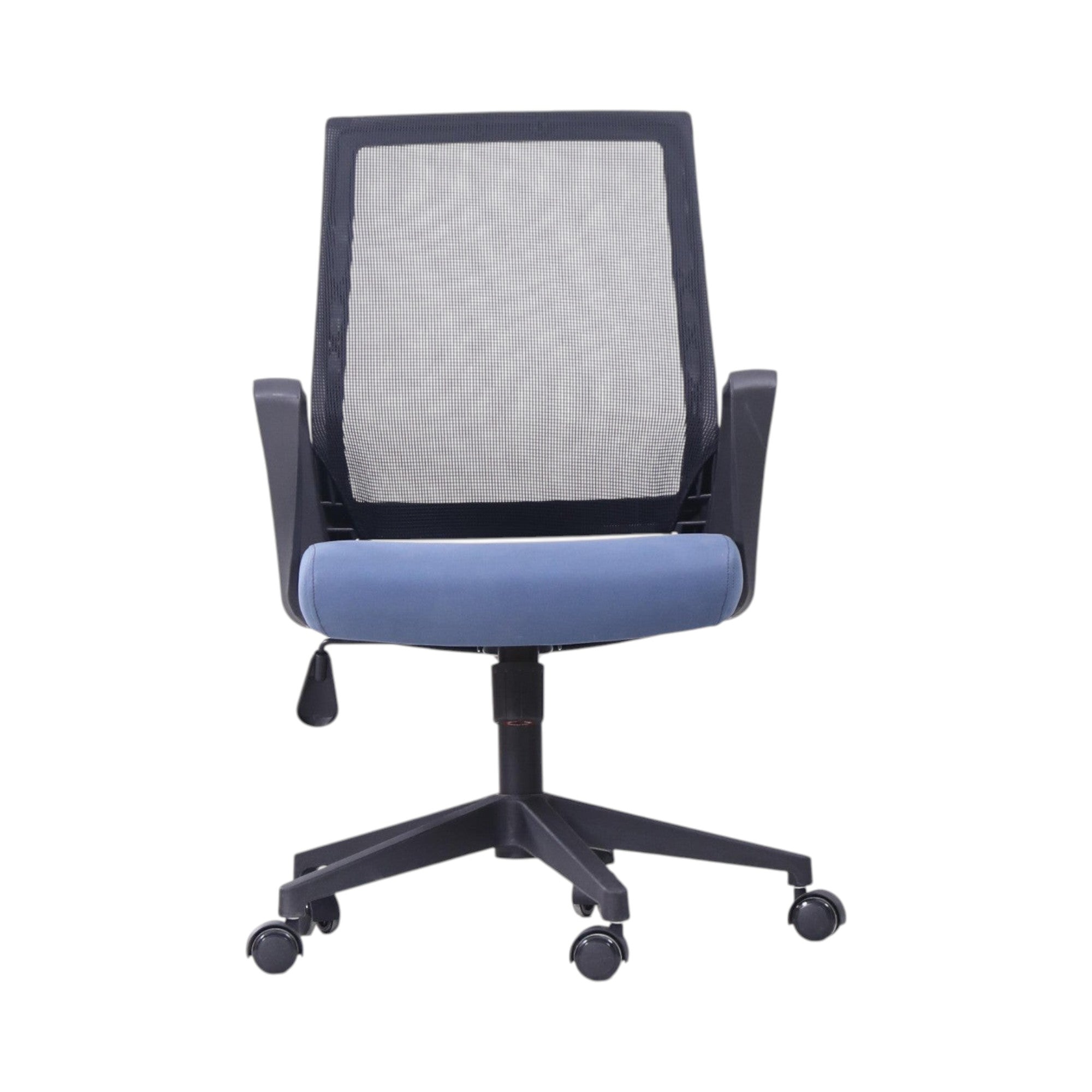Xiaoyaozuo office chair: Black mesh back ergonomic office chair with blue padded seat and adjustable height on casters.