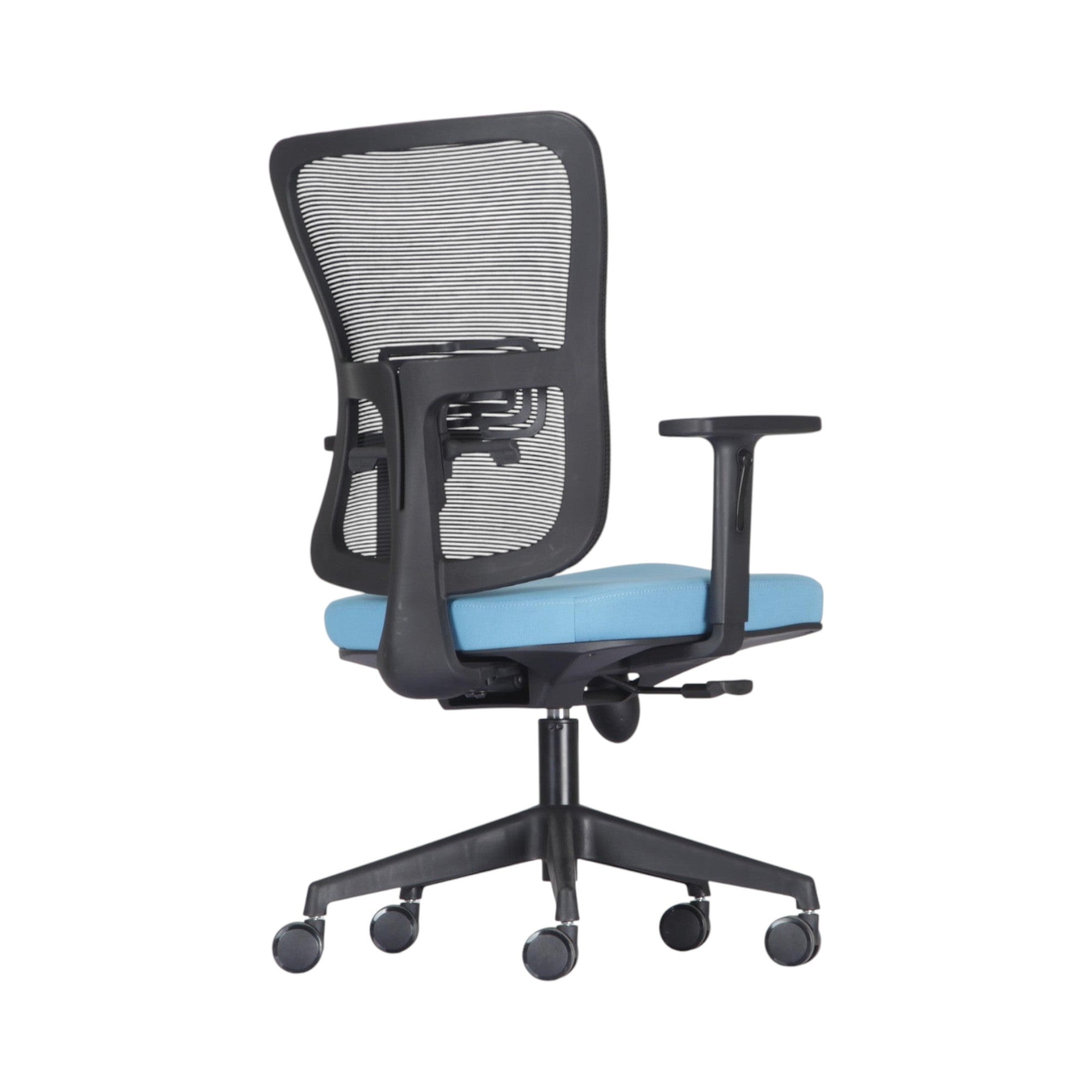 Xiaoyaozuo office chair: Ergonomic black mesh back office chair with a blue padded seat and adjustable armrests.