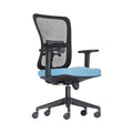 Xiaoyaozuo office chair ergonomic mesh back chair with blue padded seat and adjustable armrests on casters.