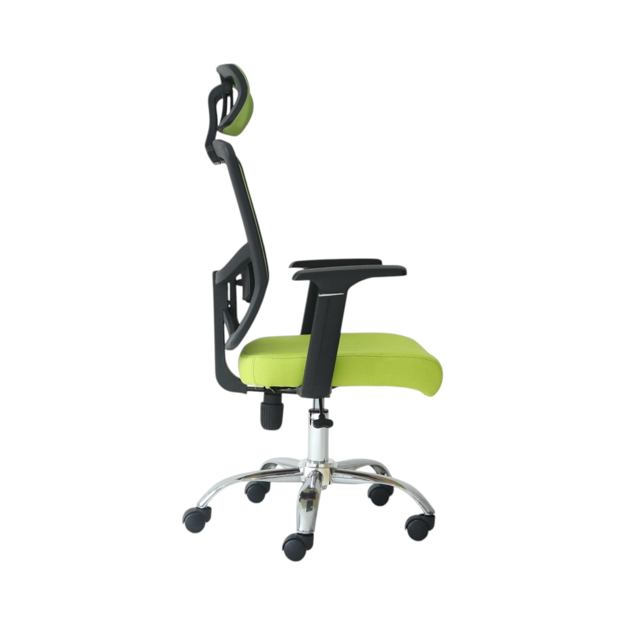 Xiaoyaozuo office chair ergonomic mesh chair with adjustable headrest and green padded seat, on chrome base with casters.