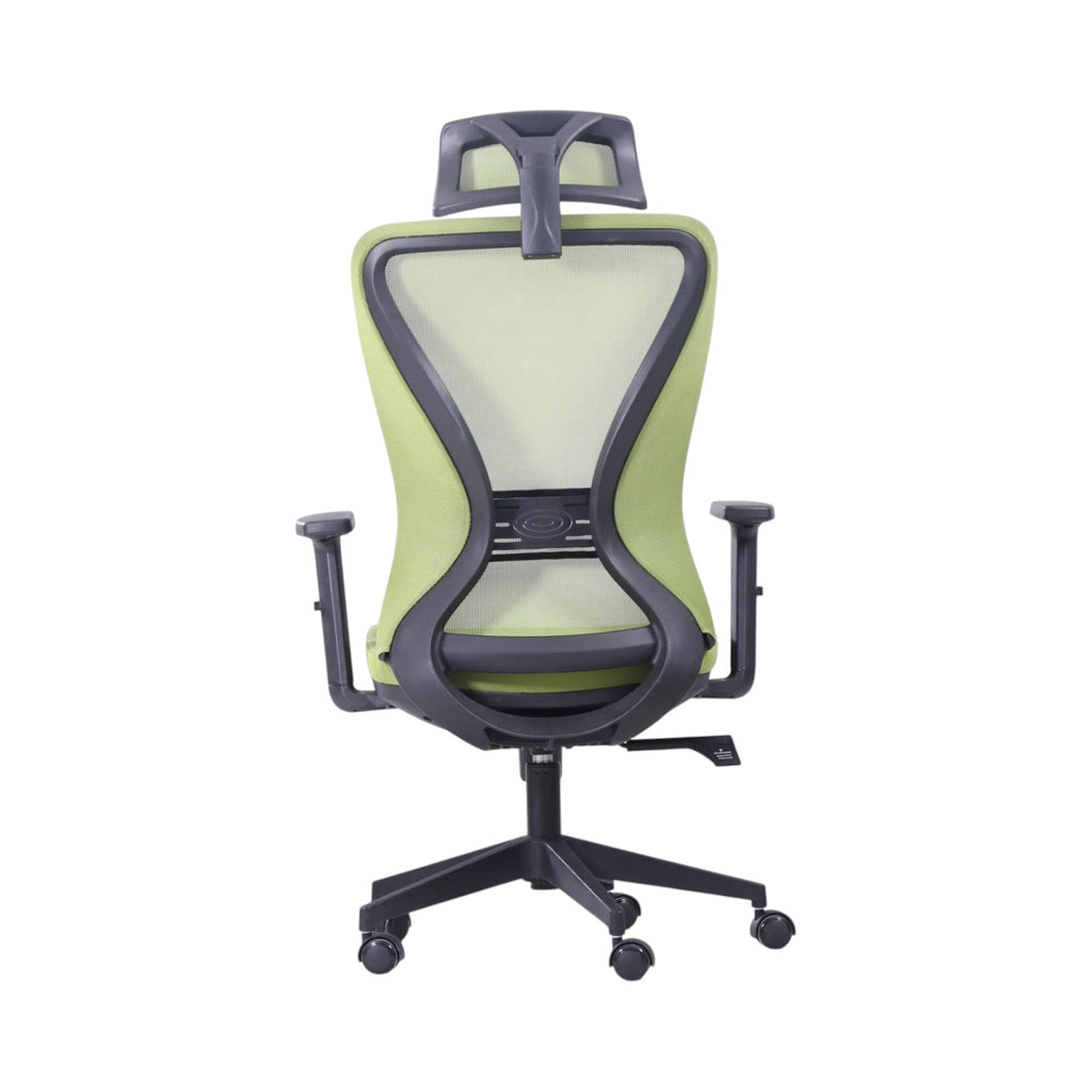 Xiaoyaozuo office chair: Ergonomic mesh office chair in light green with adjustable headrest and armrests, black base with casters.