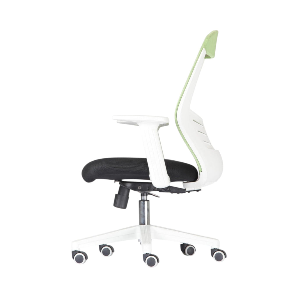 Xiaoyaozuo office chair: Ergonomic mesh back office chair in green and white with black padded seat and white casters.