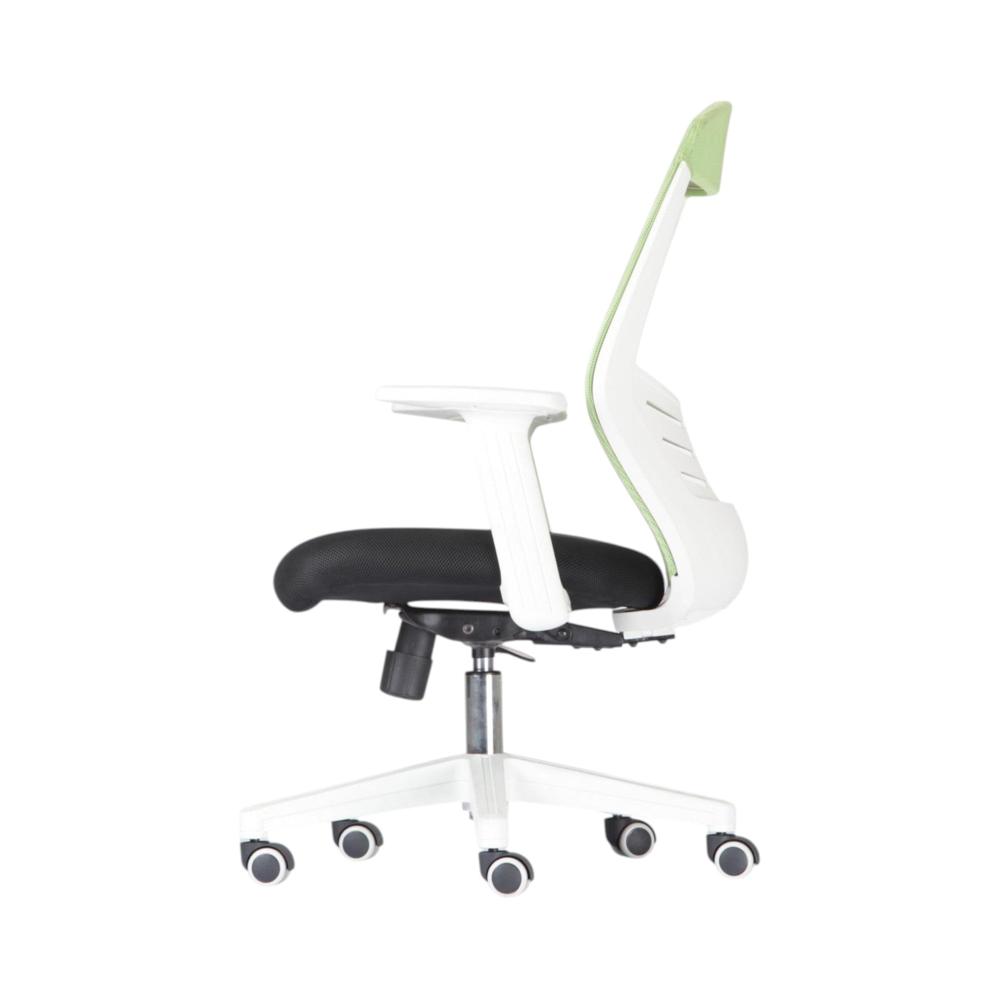 Xiaoyaozuo office chair: Ergonomic mesh back office chair in green and white with black padded seat and white casters.