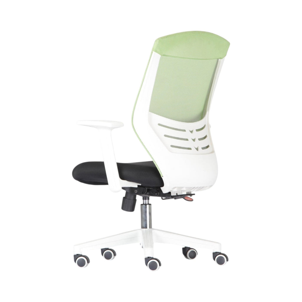 Xiaoyaozuo office chair: Ergonomic mesh back office chair in green and white with black seat, adjustable height, and casters.