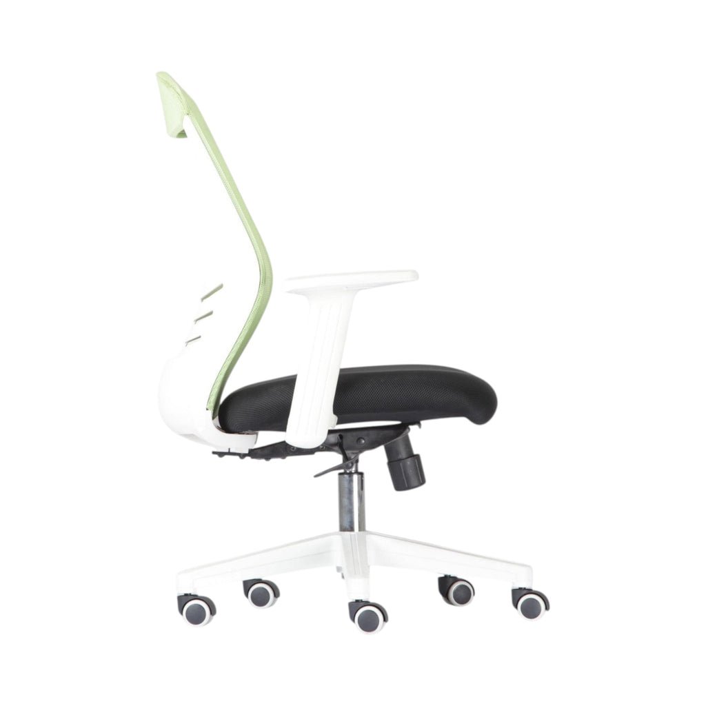 Xiaoyaozuo office chair: ergonomic mesh back chair with black seat, white frame, and green accents. Features adjustable height and casters.