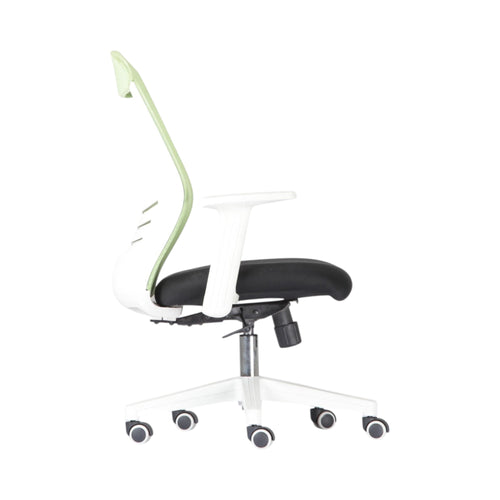 Xiaoyaozuo office chair: ergonomic mesh back chair with black seat, white frame, and green accents. Features adjustable height and casters.