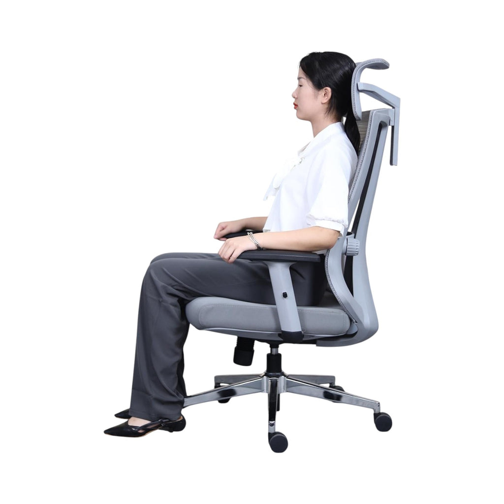 Xiaoyaozuo office chair: grey ergonomic mesh chair with adjustable headrest and armrests, shown with a woman seated.