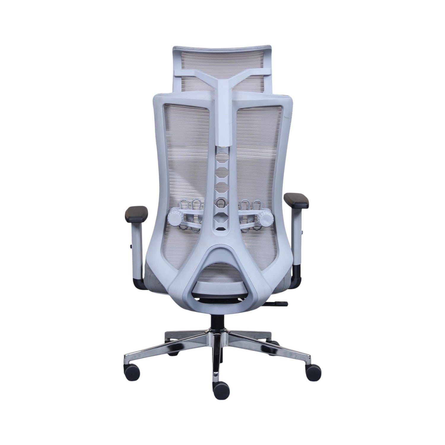Xiaoyaozuo office chair: grey ergonomic mesh office chair with adjustable headrest and armrests, on a carpeted floor.