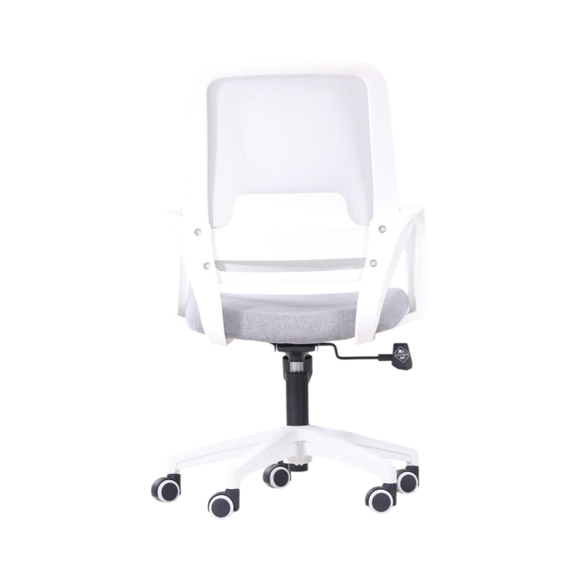 Xiaoyaozuo office chair: Ergonomic white mesh back office chair with grey fabric seat and adjustable height.