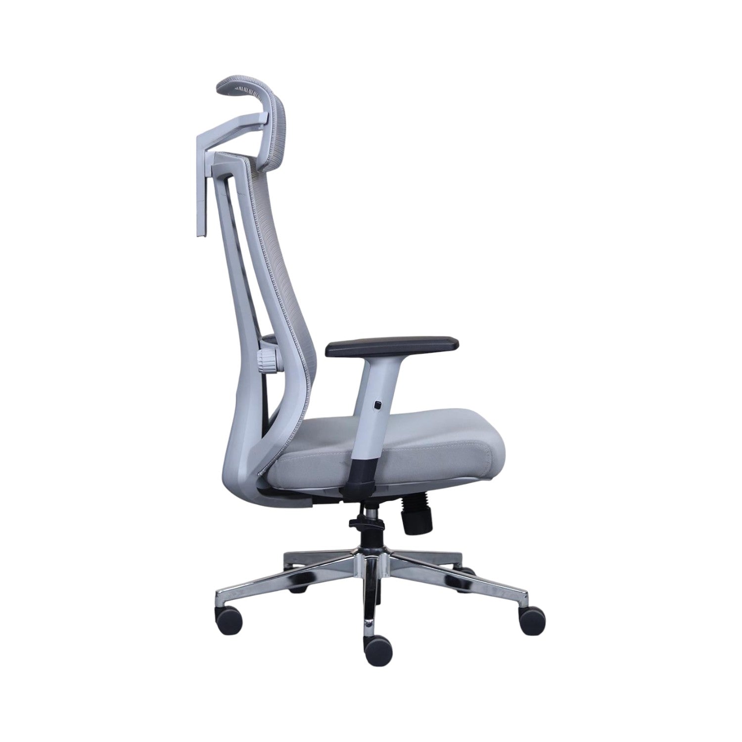 Xiaoyaozuo office chair: Grey ergonomic mesh office chair with adjustable headrest, padded seat, and armrests on a chrome base with casters.