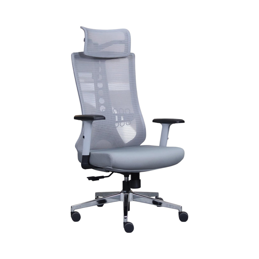 Xiaoyaozuo office chair: Grey ergonomic mesh office chair with adjustable headrest, padded seat, and armrests on a chrome base with casters.