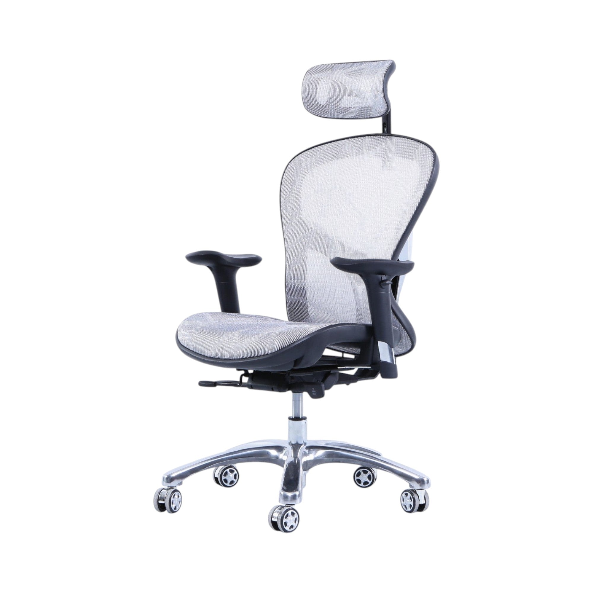 Xiaoyaozuo office chair ergonomic mesh chair with adjustable headrest and lumbar support in grey and black with chrome base and casters.