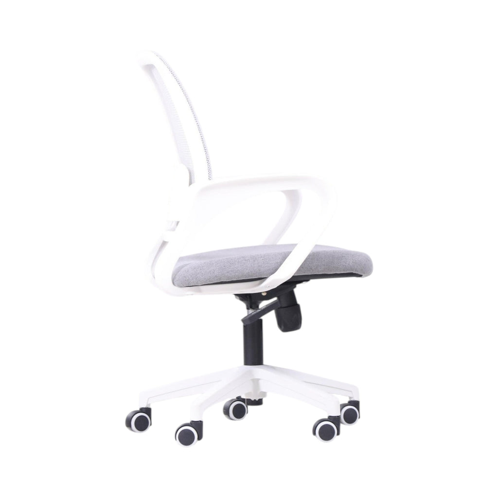 Xiaoyaozuo office chair: Ergonomic white mesh back and grey fabric seat office chair with adjustable height and casters.