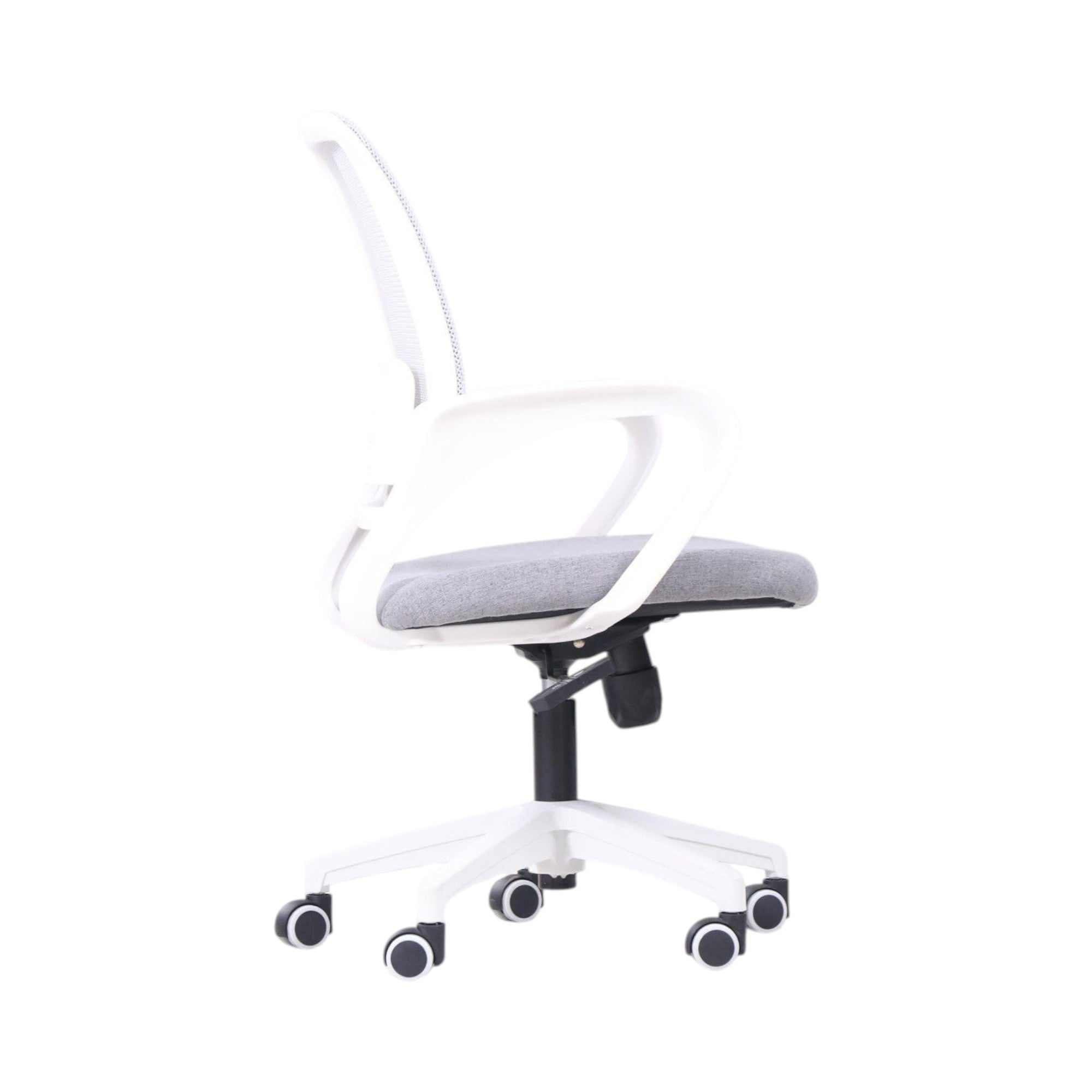 Xiaoyaozuo office chair: Ergonomic white mesh back and grey fabric seat office chair with adjustable height and casters.