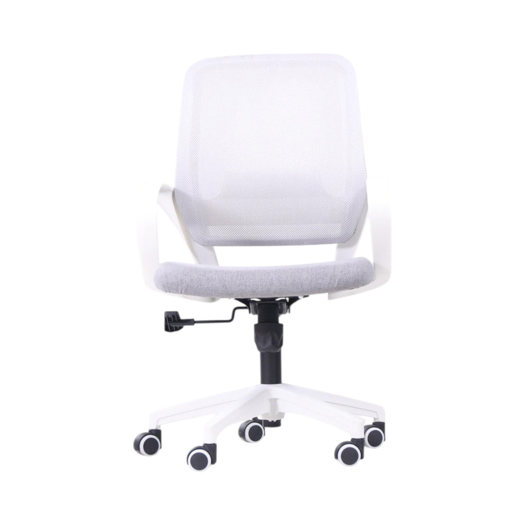 Xiaoyaozuo office chair: White mesh back ergonomic office chair with grey fabric seat and white frame, adjustable height, casters.