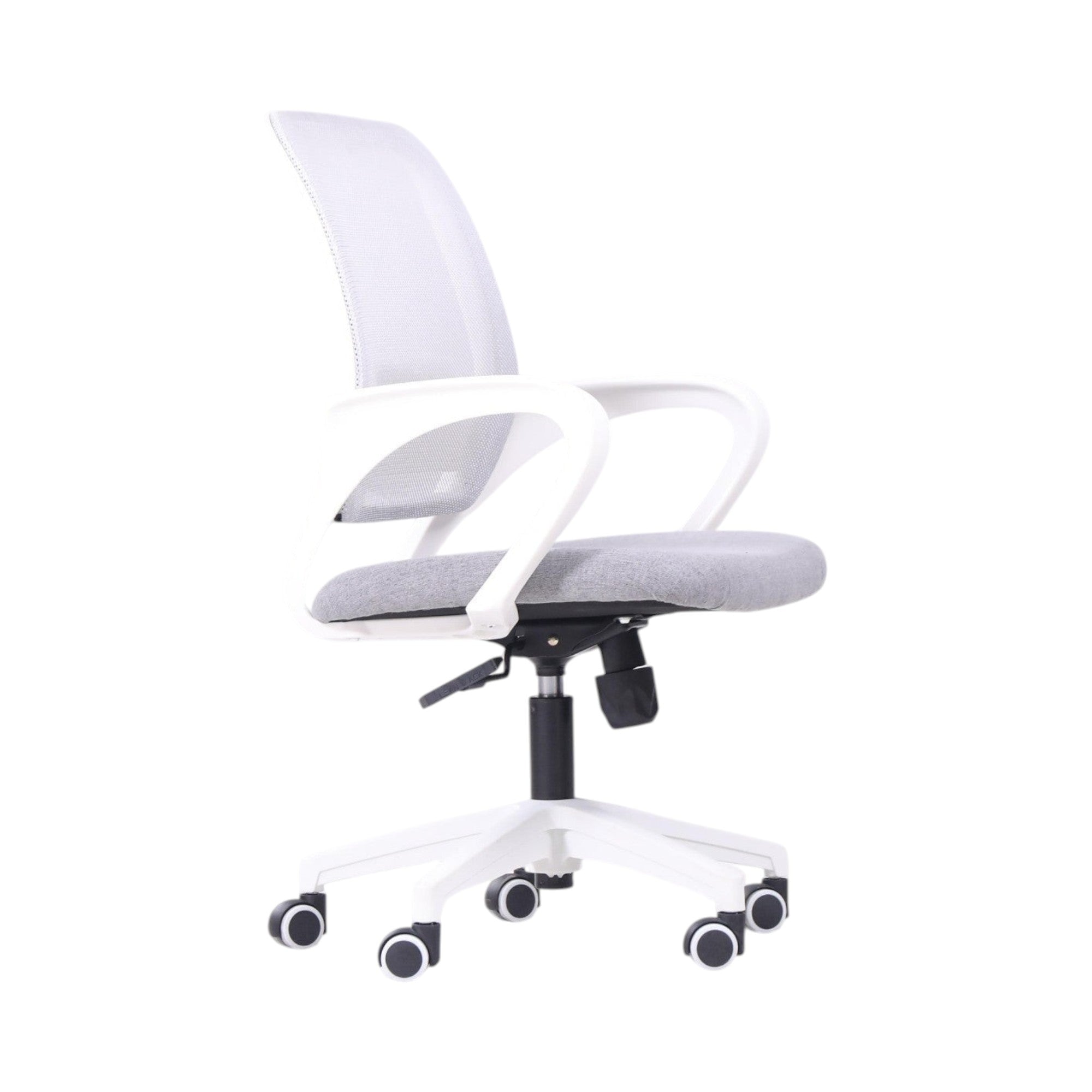Xiaoyaozuo office chair: modern ergonomic mesh back office chair with grey fabric seat and white frame, adjustable height, and casters.